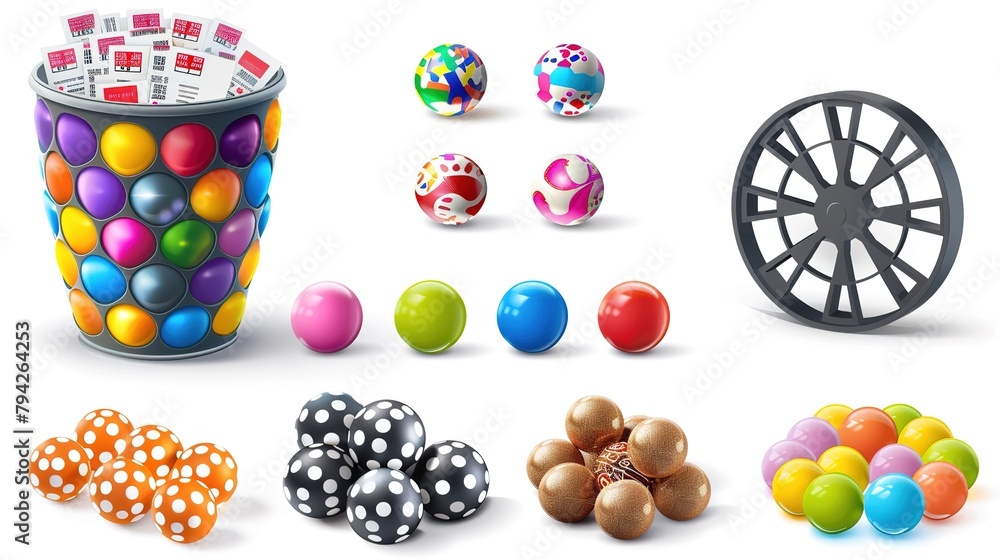 Colorful assortment of balls and wheels on a white background: a ...