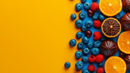 Canvas Print -   Oranges, raspberries, blueberries, and more raspberries are artfully arranged against a vibrant yellow backdrop