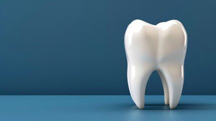   A tooth model against a blue surface with two blue walls as background