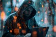   A man in a hoodie uses a laptop in a dark forest, lit by flickering campfire lights in the background