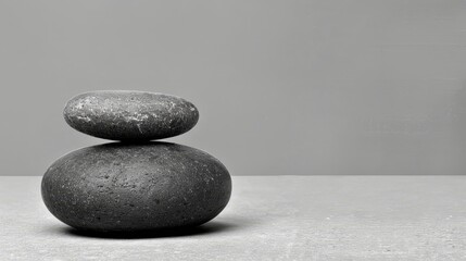 Sticker -   A monochrome image of two rocks balanced atop one another, situated in a room's midsection against a backdrop of gray walls