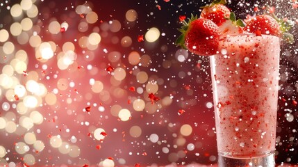 Poster -   A tight shot of a glass filled with liquid, adorned by strawberries at its rim, against a backdrop of soft, diffused light