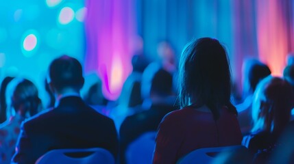 Canvas Print -   A woman with her back to the audience faces a conference group