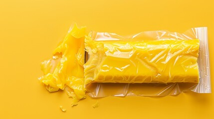 Poster -   A yellow plastic wrapper atop a yellow table, near a yellow food item on the same surface