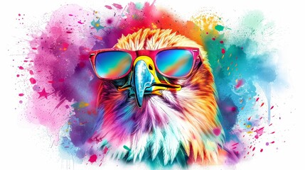  Bright and cheerful cartoon portrait of a eagle in sunglasses, featuring vivid colors on a white background