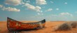 An old canoe rests in a desert sand dune beneath a clear blue sky. Concept Nature, Desert, Canoe, Wilderness, Blue Sky