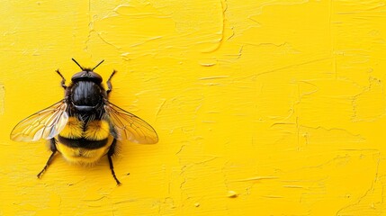   A bee up close against a yellow wall with its black and yellow striped back