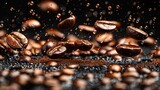 Fototapeta  -   A cluster of coffee beans cascading onto a mound of beans against a dark backdrop, with beads of water dripping to the surface below