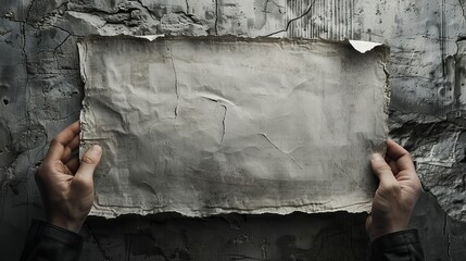   A person stands before a wall, holding up a sheet of paper The wall's peeling paint and a torn patch contrast starkly with the pristine paper