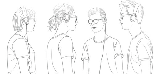 Wall Mural - a line drawing of three people wearing headphones