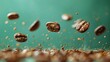   Coffee beans in flight hover above a mound of beans on a verdant tabletop