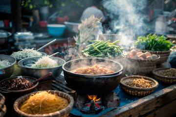 Wall Mural - A table with many bowls of food and a pot of soup on a stove