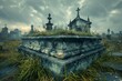 An eerie atmosphere is created by the sight of an old cemetery adorned with a mossy roof, where gravestones stand as solemn sentinels to the past.