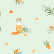 Sea buckthorn branch with orange berries. Pattern with orange sea buckthorn. Hand drawn watercolor illustration isolated on white background. 