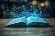 Open magic book with glowing pages. The glowing pages of the open book shine with a celestial light, casting a spell that transports the reader to a realm of pure enchantment.