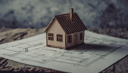  wooden house model stands on the drawings