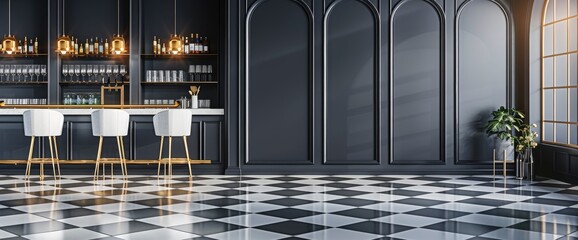 modern classic bar interior with three arches and glass shelves, a bar counter in the middle of the floor, two rows of tall chairs around it, a navy blue wall background