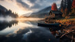 Wooden cabin on mountain view. Calm lake with mist and sun