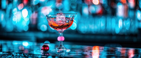 photo of fancy cocktail in a glass with red and pink neon lighting, on a table in a bar or club at night. The background is blurred lights, Valentine's Day, Background Image