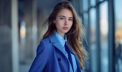 A corporate woman in a light blue shirt, tie and blue coat