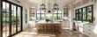 a kitchen adorned with white cabinets, warm wood floors, and expansive windows, epitomizing the fusion of rustic simplicity and contemporary elegance.