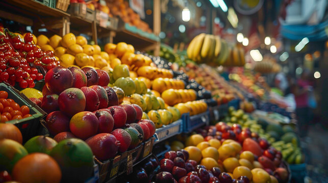 Fruit market with various colorful fresh fruits and vegetables