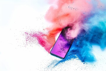 Vivid colored powders exploding around a smartphone on a white background