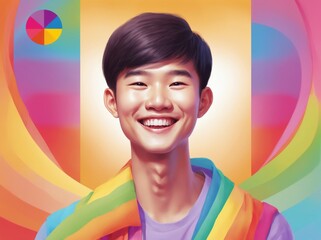 Colorful CG Art Portrait Of a Asian Gay Person with a Rainbow Flag Colors