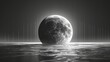  large moon in the middle, over body of water  In monochrome, a prominent moon in the water's center