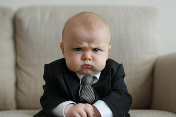 a humorous take on the corporate world with a baby dressed as a serious business boss, looking direc