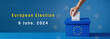 Blue banner with ballot box and hand putting vote. European Union parliament election, 9 june 2024
