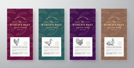 Wall Mural - Premium Quality Meat and Poultry Labels Set. Abstract Vector Packaging Design or Cards. Modern Typography and Hand Drawn Domestic Animals Silhouette Background Layouts. Soft Realistic Shadows.