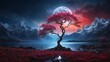 A majestic tree with sparkling blossoms, roots deeply embedded in rocky terrain, bathed in moonlight