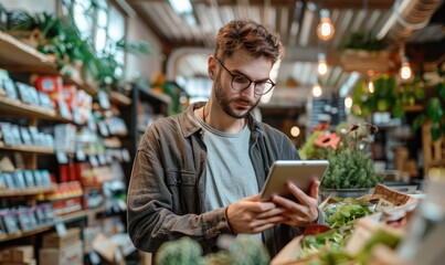 A startup entrepreneur inside his store holding a tablet and looking at the screen