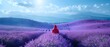 Traveler explores expansive lavender fields with overarching shades of lavender painting vista. Concept Lavender Fields, Travel Photography, Nature Exploration, Landscape Views