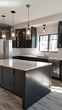 a simple, medium-budget kitchen illuminated by natural light, boasting charcoal cabinets, a white backsplash, and a sleek waterfall island in a realistic setting.