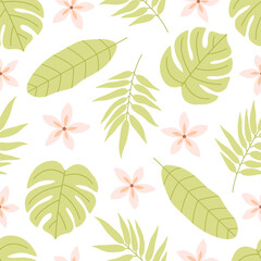  Seamless pattern with tropical leaves and flowers. Summertime, tropical place. Vector illustration in flat style