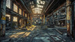 A large, abandoned industrial building with broken windows and rusted metal