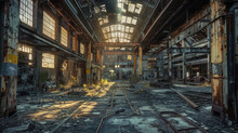 A Large, Abandoned Industrial Building With Broken Windows And Rusted Metal
