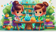 OIL PAINTING STYLE  CARTOON CHARACTER CUTE BABY small children are doing science experiments on a desk