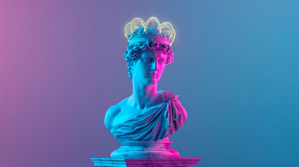 Wall Mural - Colorful neon lighting on classical sculpture with a crown