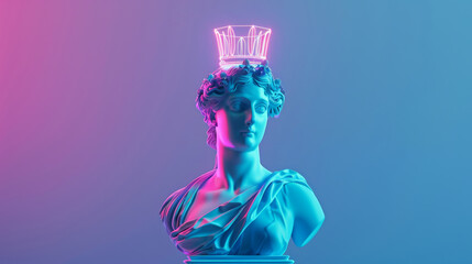 Wall Mural - Neon-lit statue of a classical bust with a crown