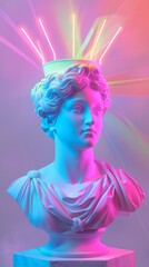 Wall Mural - Neon lighted classical bust statue with a crown