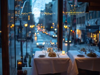 A restaurant with two tables set up with white tablecloths and candles. The tables are set up for two people and there are wine glasses and utensils on the table. The restaurant has a cozy