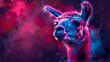 The images are abstract, multicolored, neon portraits of a lama on a dark purple background. They are digital modern graphics with a distinct background layer.