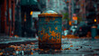 Weathered trash bin on a rainy city street