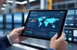 © Krystsina - Close-up. Intelligent industrial management concept. Hands holding a tablet against the background of a blurred automatization machine