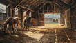 A painting of a barn with horses inside