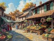 A painting of a market with people shopping and a variety of fruits and vegetables. The mood of the painting is lively and bustling, with people going about their business