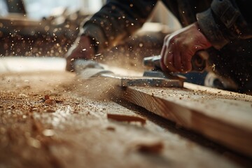 Wall Mural - Close up carpenter hands working with wooden plank, wood in a carpentry workshop. Joiner works using manual and electric equipment. Man doing woodwork professionally. Manufacturer, maker construction